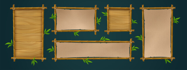 Poster - realistic set of bamboo wood and paper signboards with tropical green leaves isolated on black backg