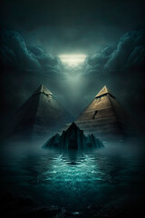 Wall Mural - Pyramids in water world. Old civilisation. Generative AI