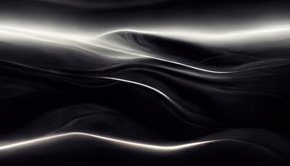 Light wave overlay. Blur glow. Fog hills. Defocused white curve lines trail on dark black art illustration abstract background with free space.