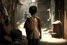 View From Behind Of A Hungry Boy In A Slum District. Generative AI