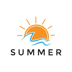 summer beach coast island, sea ocean and summer sun rays logo design inspiration