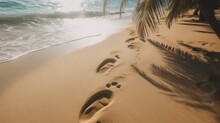Foot Print On The Shore Of Tropical Beach With White Sand And Turquoise Sea With Palm Trees, Generative Ai