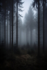 dark spruce forest covered with thick fog