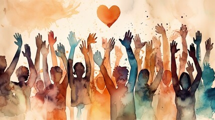 Wall Mural - Group of diverse people with arms and hands raised towards hand painted hearts. Charity donation, volunteer work, support, assistance. Multicultural community. People diversity. Generative AI