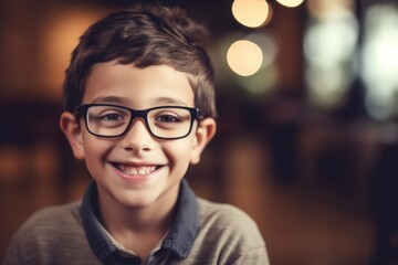 Wall Mural - Portrait of a smiling little boy in glasses at the coffee shop. Generative AI