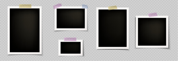 Poster - Photo frame collage template vector album mockup on transparent background. Foto memory picture and sellotape sticker. Blank photography card with white border realistic set. Retro snapshot collection