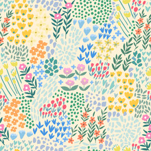 A Pattern Of Abstract Bright Spring And Summer Flowers On A Light Green Background.