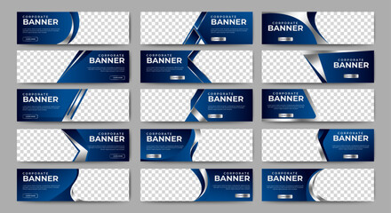 Poster - Big set of blue horizontal business banner templates. Modern technology design, abstract background layout with photos. Editable Vector collection corporate banner.	