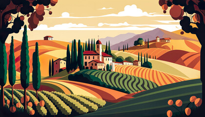 Colorful Tuscan Vineyards Summer Landscape Illustration - Generative AI