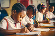 © aapsky - Black African American students write in notebooks at a lesson in elementary school. Generative AI.