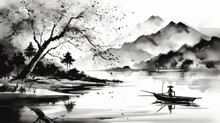 Japan Traditional Sumi-e Painting. Indian Ink Illustration. Japanese Picture. Man, Boat, Sakura, Mountains
