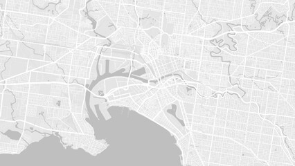 Wall Mural - White and light grey Melbourne city area vector background map, roads and water illustration. Widescreen proportion, digital flat design.