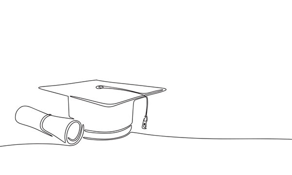 Graduation cap and diploma one line continuous illustration. Line art graduation education vector.