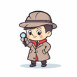 Cute little boy detective wearing coat and hat, use magnifying glass to investigate, cartoon flat character vector illustration