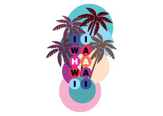 A depiction of tall swaying palm trees overspread on repetitive multicolored circles