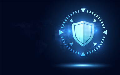 Cyber security shield guard blue abstract digital glowing background. Decoding technology and Computer network protection concept. New futuristic system technology sign symbol. Vector illustration.