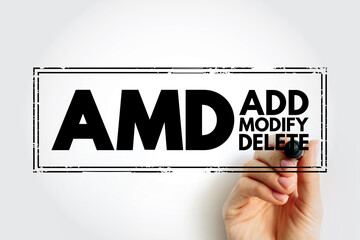 Poster - AMD - Add, Modify, Delete acronym text stamp, business concept background