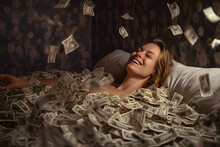 Woman Girl Sleeps In A Bed At Home Strewn With Banknotes Of Dollars Paper Currency, Savings Rich. Keeping His Money Savings By Him At Home. Finance Management Concept. Generative AI.