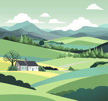 A Rural Landscape Background Of Rolling Hills And Mountains. Fields, Farm Land And Trees With A Cottage Or Farmers House.