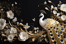 Elegant Golden And White Seamless Floral With Flowers And Peacock Isolated On Black Background. Matelic, Italian, Chaines 3D Modern Mural Art Wallpaper, Generative AI