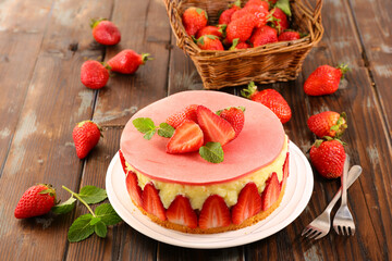 Wall Mural - French strawberry cake Fraisier on wood background