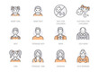 People age flat line icons set. Growth stage - baby boy, teenage girl, young woman, old man vector illustrations. Outline signs for family avatar, toy label. Orange color. Editable Stroke