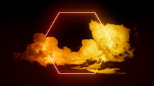 Cloud Formation Illuminated With Orange And Yellow Fluorescent Light. Dark Environment With Hexagon Shaped Neon Frame.