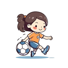 Wall Mural - Cute happy little girl playing football soccer cartoon flat character vector illustration