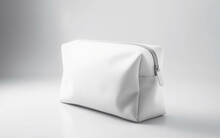White Cosmetic Bag Mock Up On White Marble Table In Front Of White Wall. Generative AI