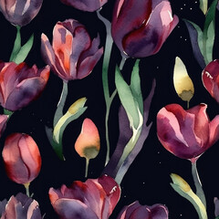 Wall Mural - Watercolor Tulips Seamless Pattern, Digital Papers, Generative AI