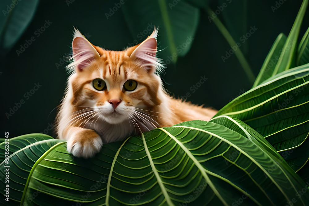 A cute cat with big green eyes sitting on top of a green grass covered ...