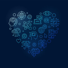 Poster - I Love AI Technology concept thin line heart shaped blue banner - vector Tech linear illustration
