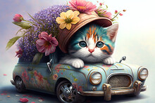 Cute Kitten Wearing Flower Hat Driving Retro Car. Generative AI.