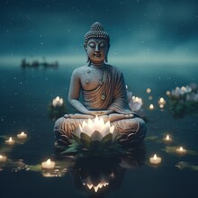 Buddha Purnima Vesak Day Background, Buddha Statue With Lotus Flower And Candle Light Side On River. Generative Ai