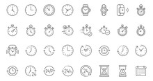 Time Line Icons Set. Timer, Alarm Clock, Wristwatch, Smart Watch, Hourglass, Schedule Calendar Vector Illustration. Outline Signs About Notification. Editable Strok