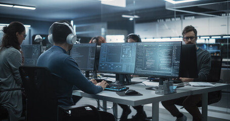 Fototapete - Team of Talented Young Professionals Working in a Technological Research and Development Agency. Young Female Developer Working with AI Software and Mapping Technical Neural Network Data Set