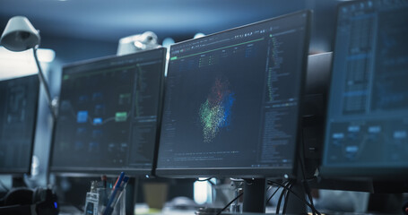 Poster - Empty Software Developer Office Workplace with a Desk with Multiple Computer Screen with Programming Code, Big Data Models, Back-End of Artificial Intelligence and Neural Network Technology Systems