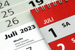 Deutscher roter Kalender 1. Juli 2023 Samstag Nahaufnahme