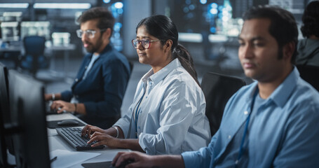 Aufkleber - Group of Empowered Multicultural Men and Women Working in a Research Center, Using Computers to Run Advanced Software, Develop Artificial Intelligence Interface and Neural Network Blockchain