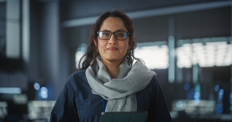 Aufkleber - Portrait of a Happy Smiling Female Using Tablet Computer, Looking at Camera and Smiling. Empowered Information Technology Specialist, Software Engineer, Developer or Data Scientist