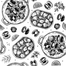 Hand Drawn Cooked Clam Shells With Herbs Seamless Pattern. Seafood Background In Color. Vector Package, Banner,  Menu, Recipe Design Template. Edible Marine Mollusks Sketches.