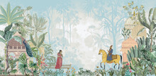 Traditional Mughal Emperor Riding Horse, Standing Woman In A Garden Illustration Pattern For Wallpaper