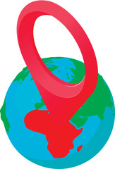 Poster - Planet gps icon isometric vector. Planet earth globe with big red gps pin icon. Location determination, navigation
