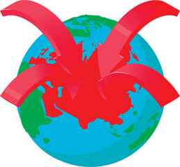 Poster - Earth location icon isometric vector. Planet earth globe with red direction sign. Location determination, navigation