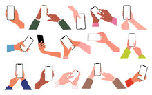 Different Hands Holding Mobile Phones Set. Fingers Touching, Scrolling Smartphone Screens, Using Applications. Empty Screen, Phone Mockup. Flat Vector Illustration Isolated On Transparent Background.