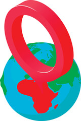 Poster - Gps tag icon isometric vector. Planet earth globe with big red gps pin symbol. Location determination, navigation