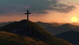Fototapeta Krajobraz - Cross silhouette on the top of a mountaintop with a sunset background. Generative AI
