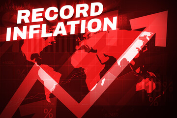 Poster - Record Inflation worldwide concept background in alarming red color with a world map in the backdrop