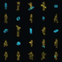 Poster - physical activity icons set. isometric set of physical activity vector icons neon color on black