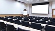 Illustration of well lit spacious hall for lectures and presentations. Classroom with whiteboard indoor background. AI generative image.